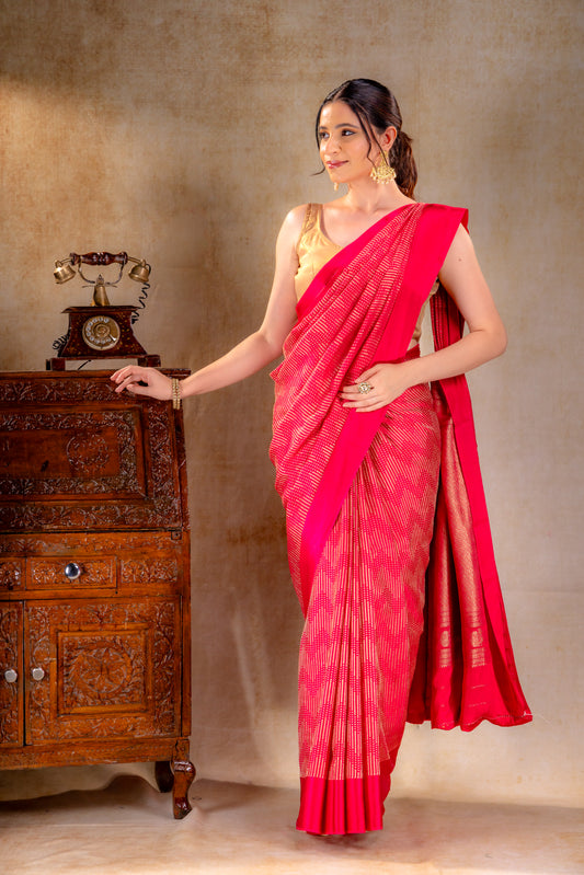 Rani Pink Crepe Silk Saree with Metallic ZigZag Weave and Satin Border