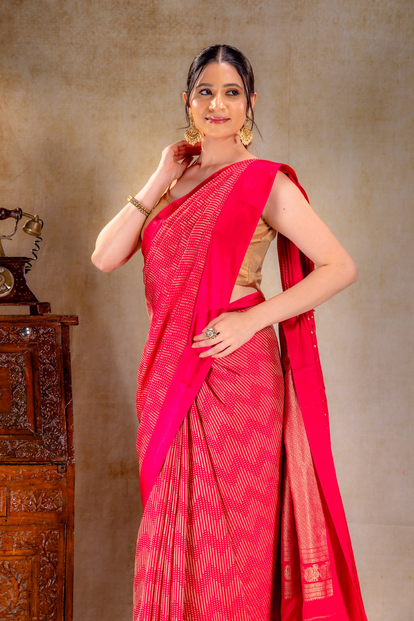 Rani Pink Crepe Silk Saree with Metallic ZigZag Weave and Satin Border
