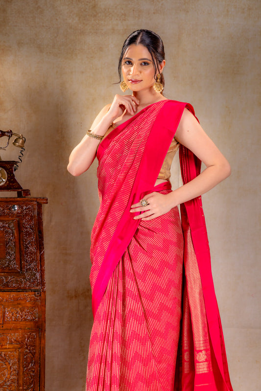 Rani Pink Crepe Silk Saree with Metallic ZigZag Weave and Satin Border