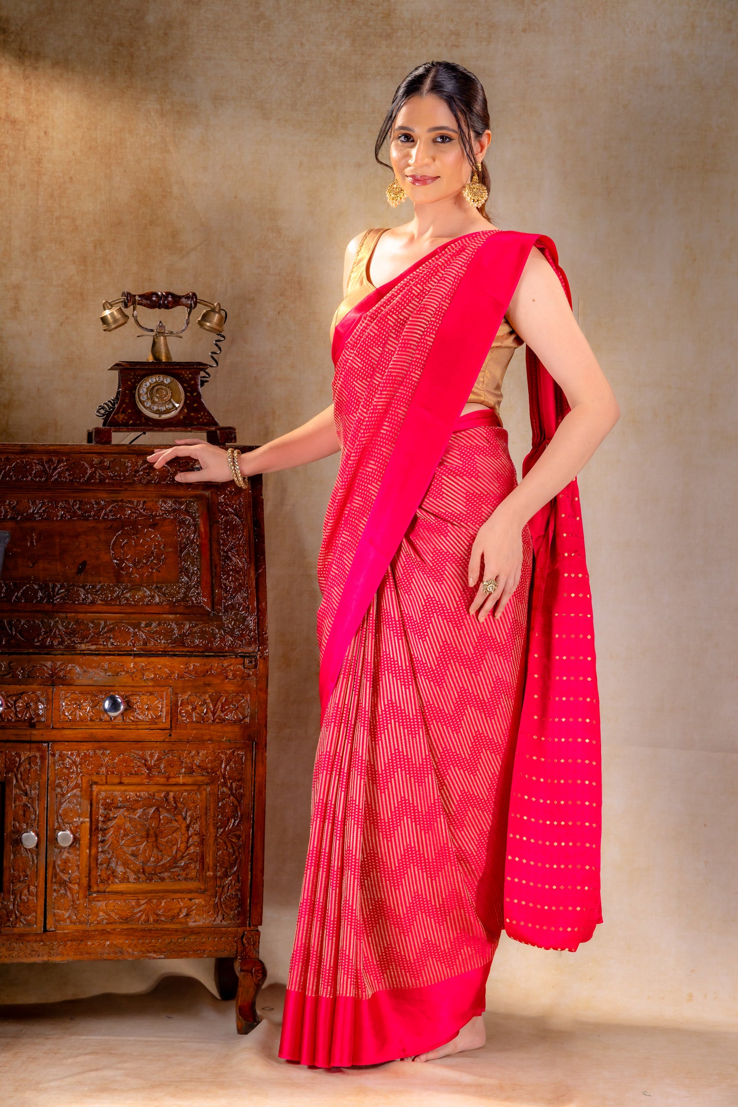 Rani Pink Crepe Silk Saree with Metallic ZigZag Weave and Satin Border