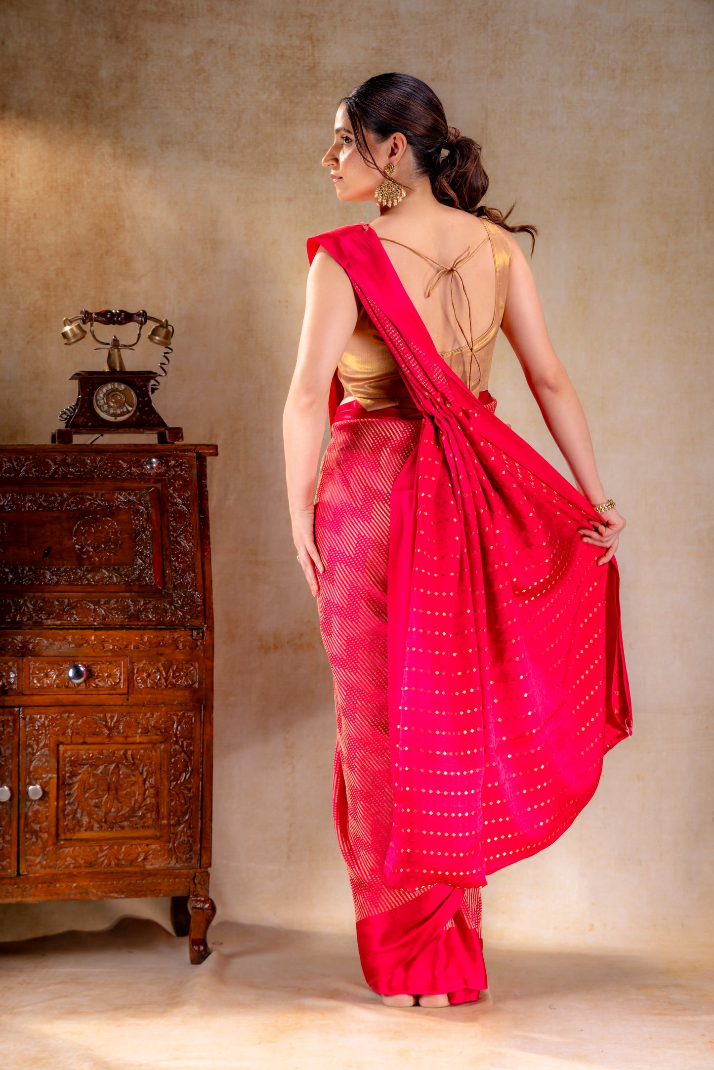 Rani Pink Crepe Silk Saree with Metallic ZigZag Weave and Satin Border