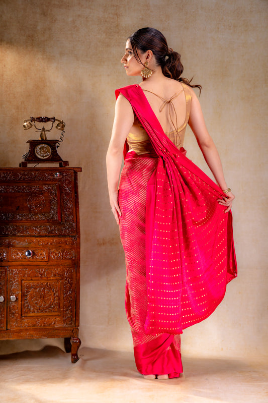 Rani Pink Crepe Silk Saree with Metallic ZigZag Weave and Satin Border