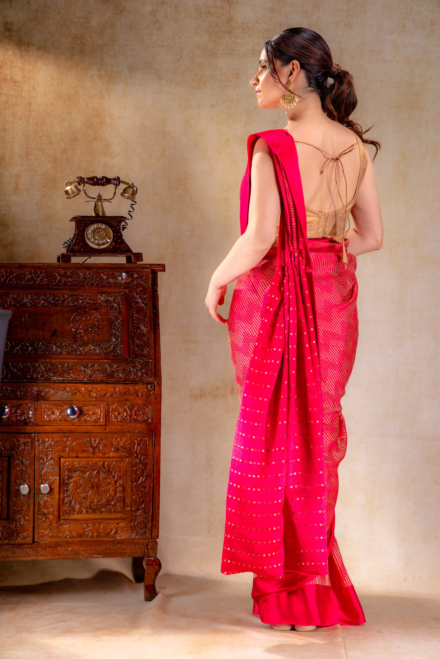 Rani Pink Crepe Silk Saree with Metallic ZigZag Weave and Satin Border