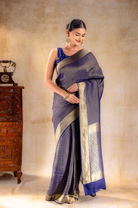 Royal Indigo Crepe Silk Saree with Rani Meena Buttas and Diagonal Zari Weave