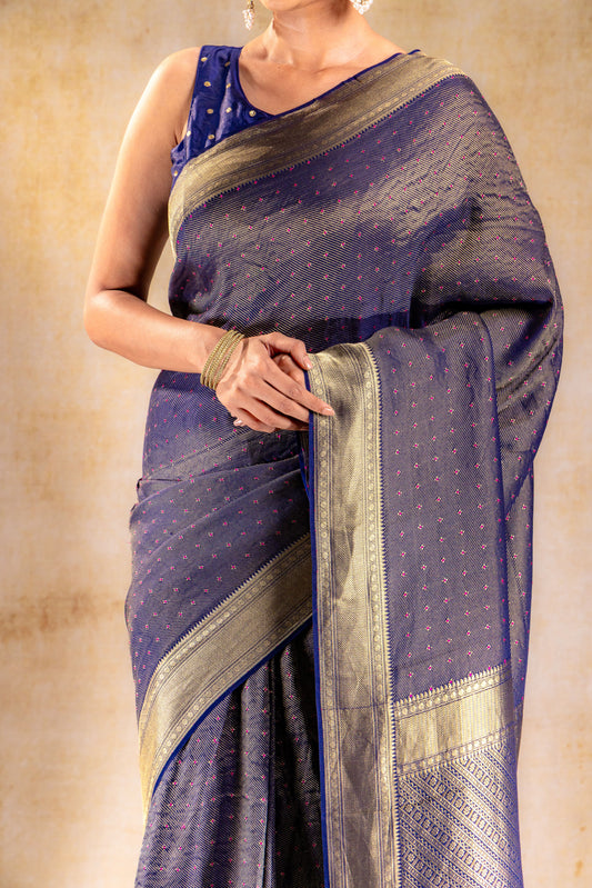 Royal Indigo Crepe Silk Saree with Rani Meena Buttas and Diagonal Zari Weave