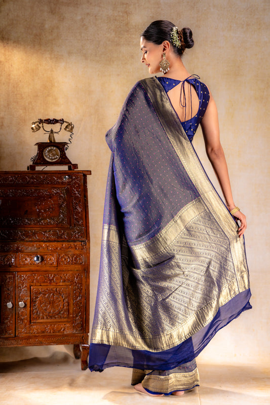 Royal Indigo Crepe Silk Saree with Rani Meena Buttas and Diagonal Zari Weave