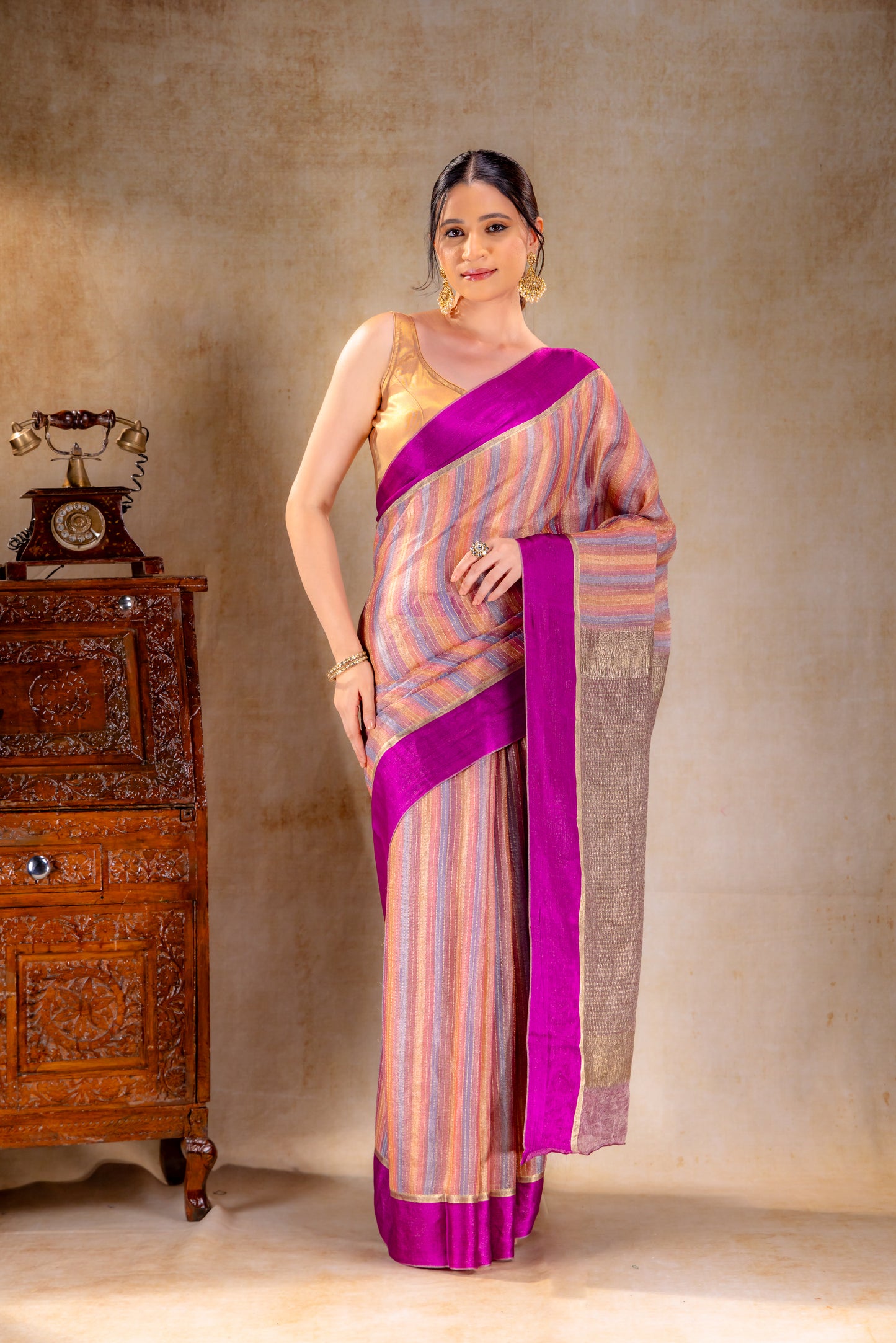 Pastel Striped Tissue Silk Saree with Gold Zari Lines and Purple Contrast Border