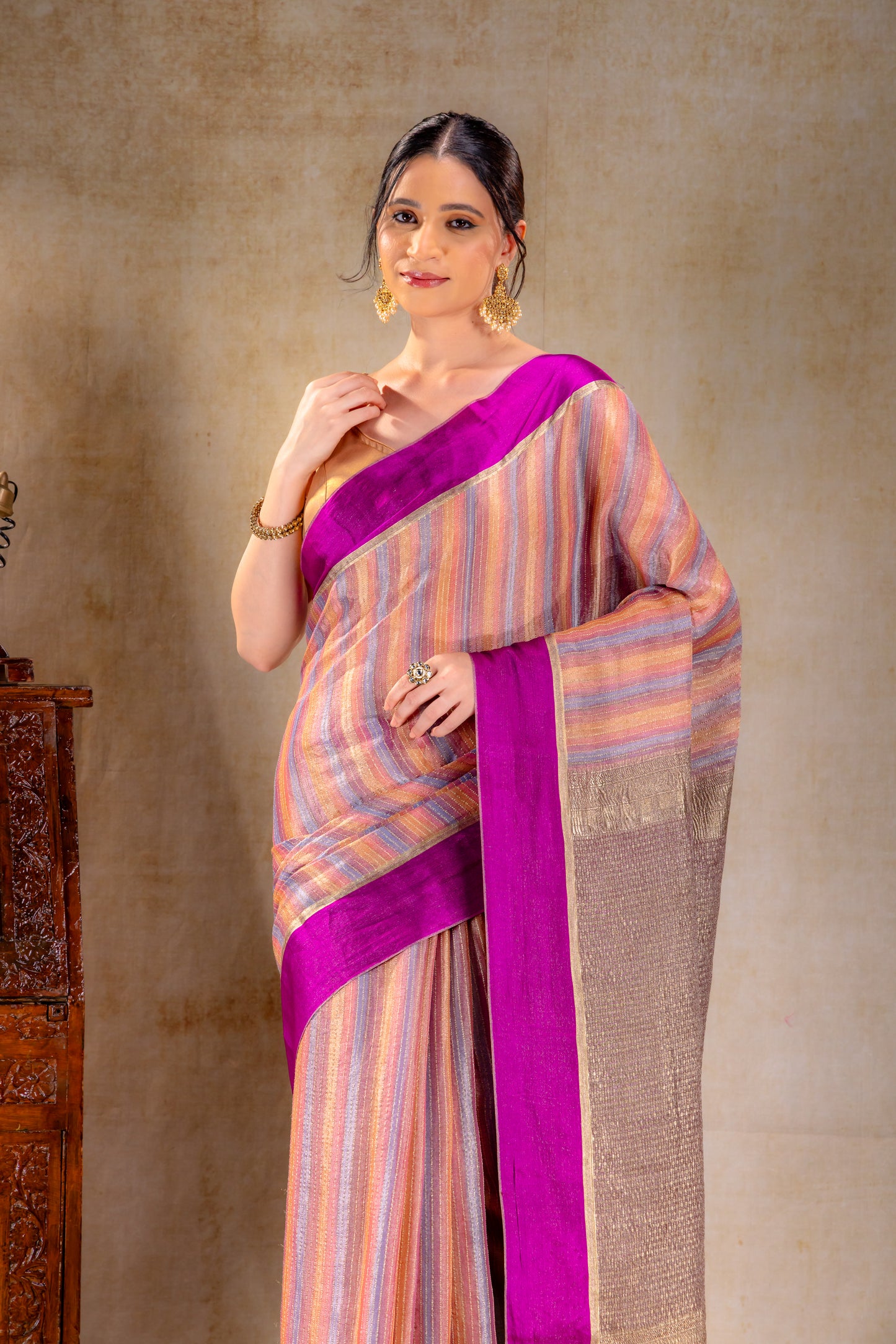 Pastel Striped Tissue Silk Saree with Gold Zari Lines and Purple Contrast Border