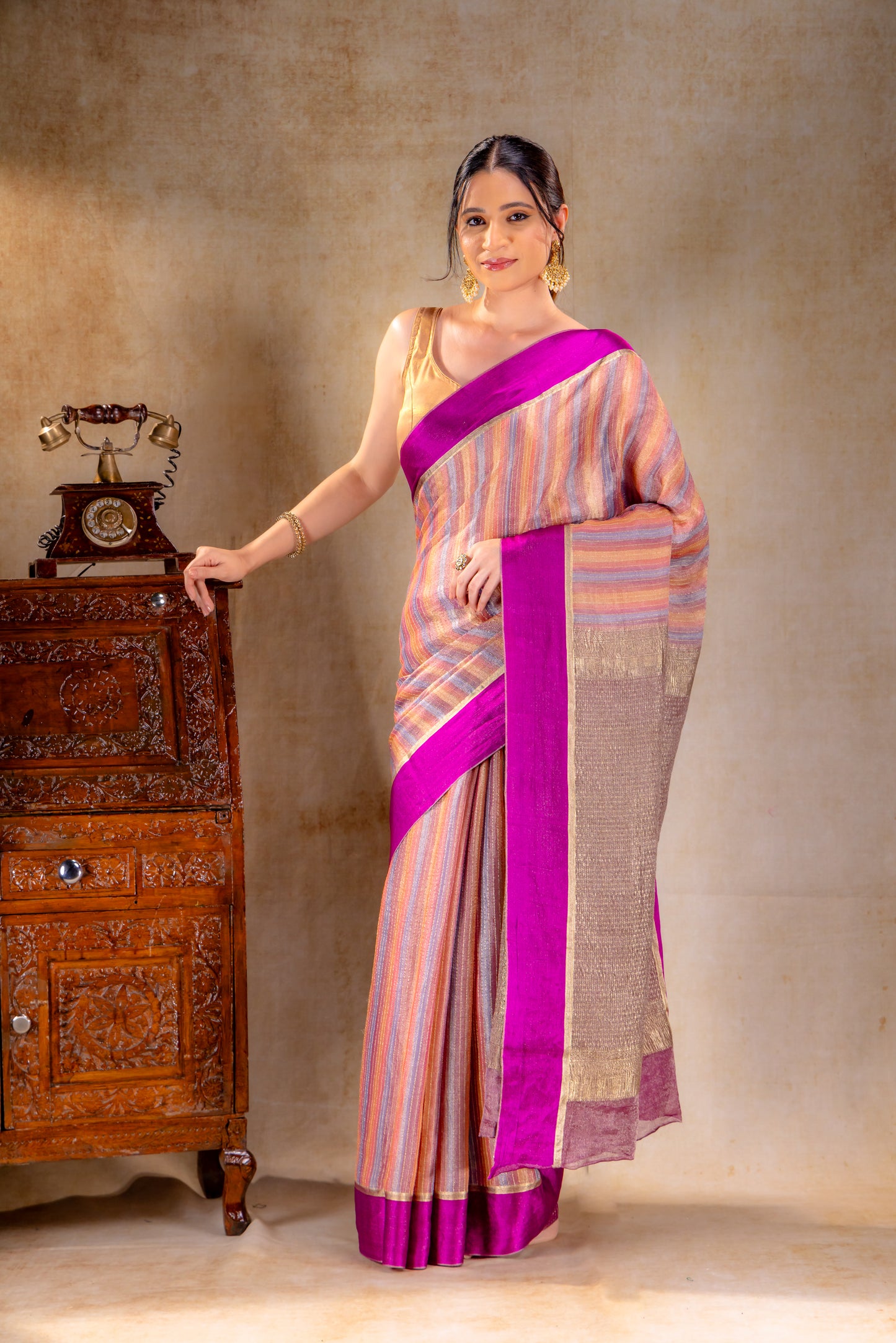 Pastel Striped Tissue Silk Saree with Gold Zari Lines and Purple Contrast Border