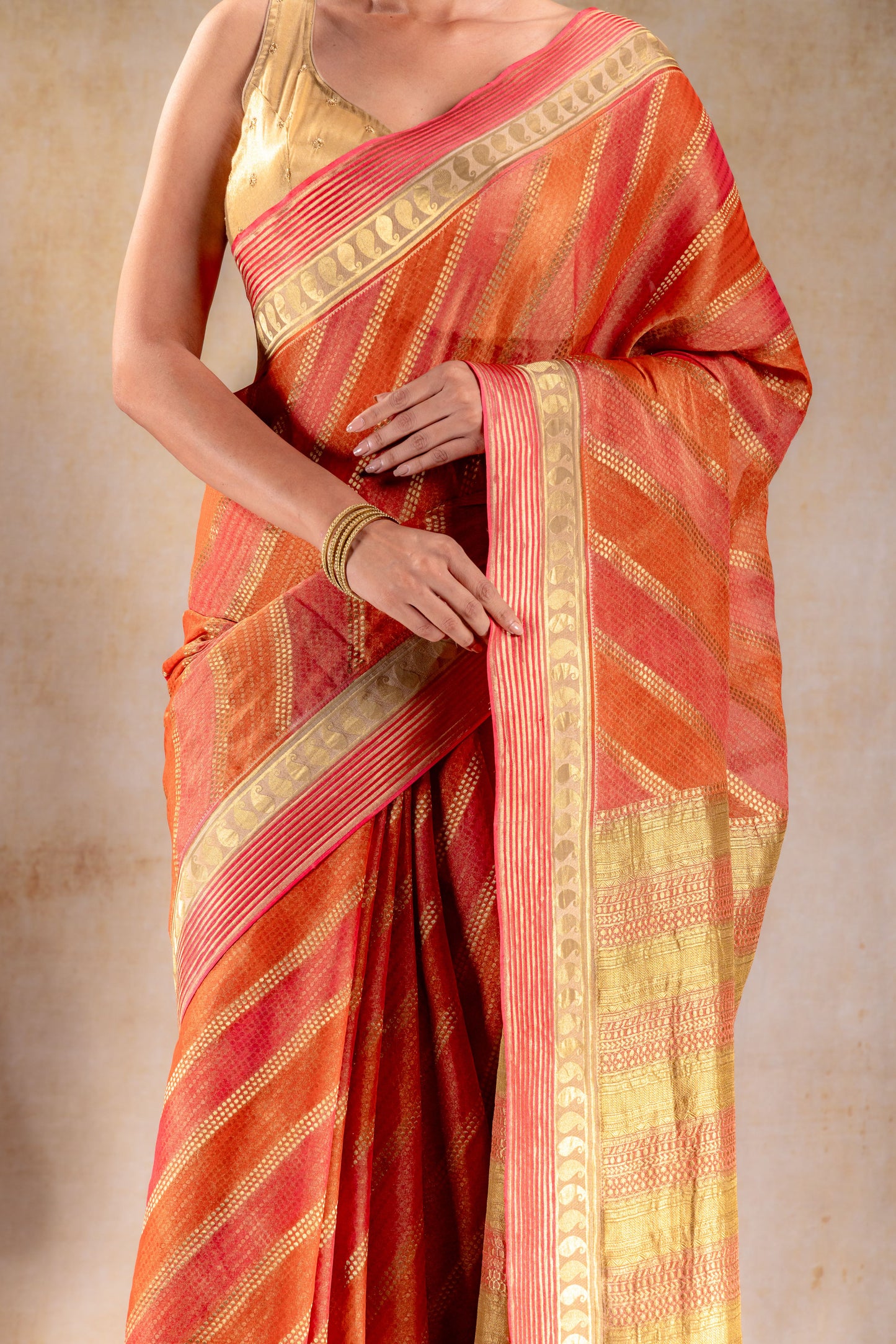 Rust Orange Tissue Saree with Diagonal Zari and Mango Border