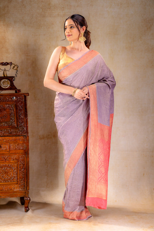 Lavender Crepe Silk Saree with Diagonal Zari Stripes and Contrast Border