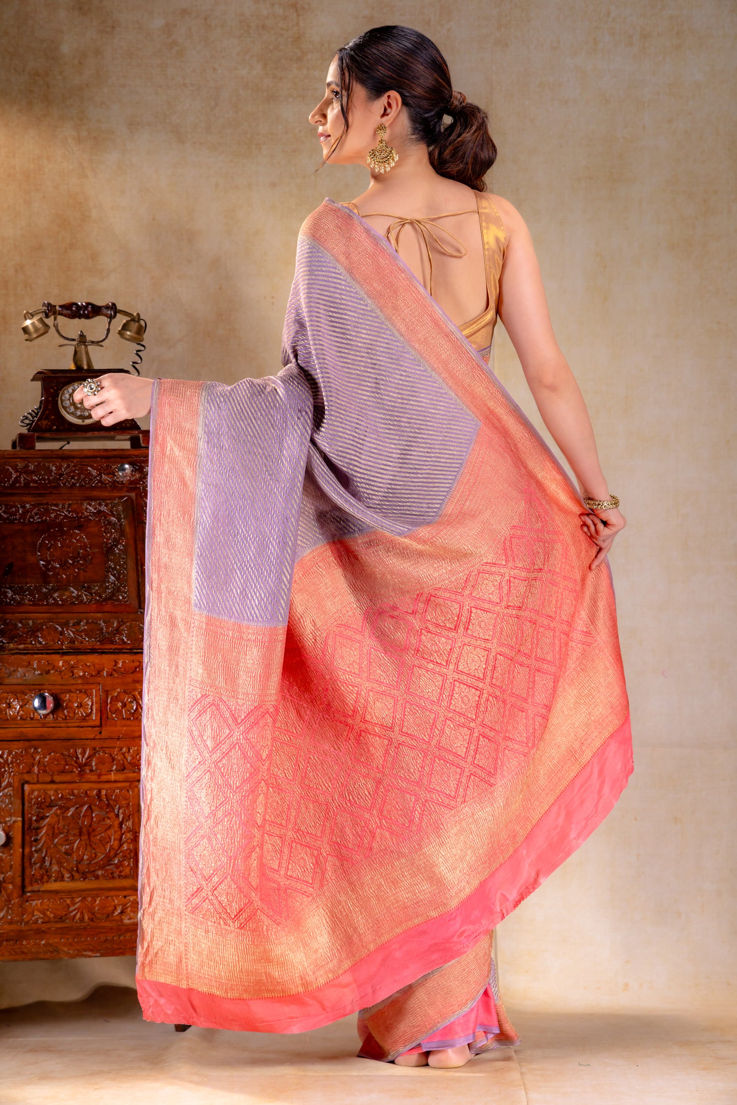 Lavender Crepe Silk Saree with Diagonal Zari Stripes and Contrast Border