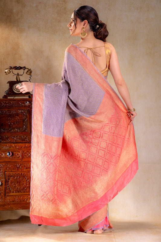Lavender Crepe Silk Saree with Diagonal Zari Stripes and Contrast Border