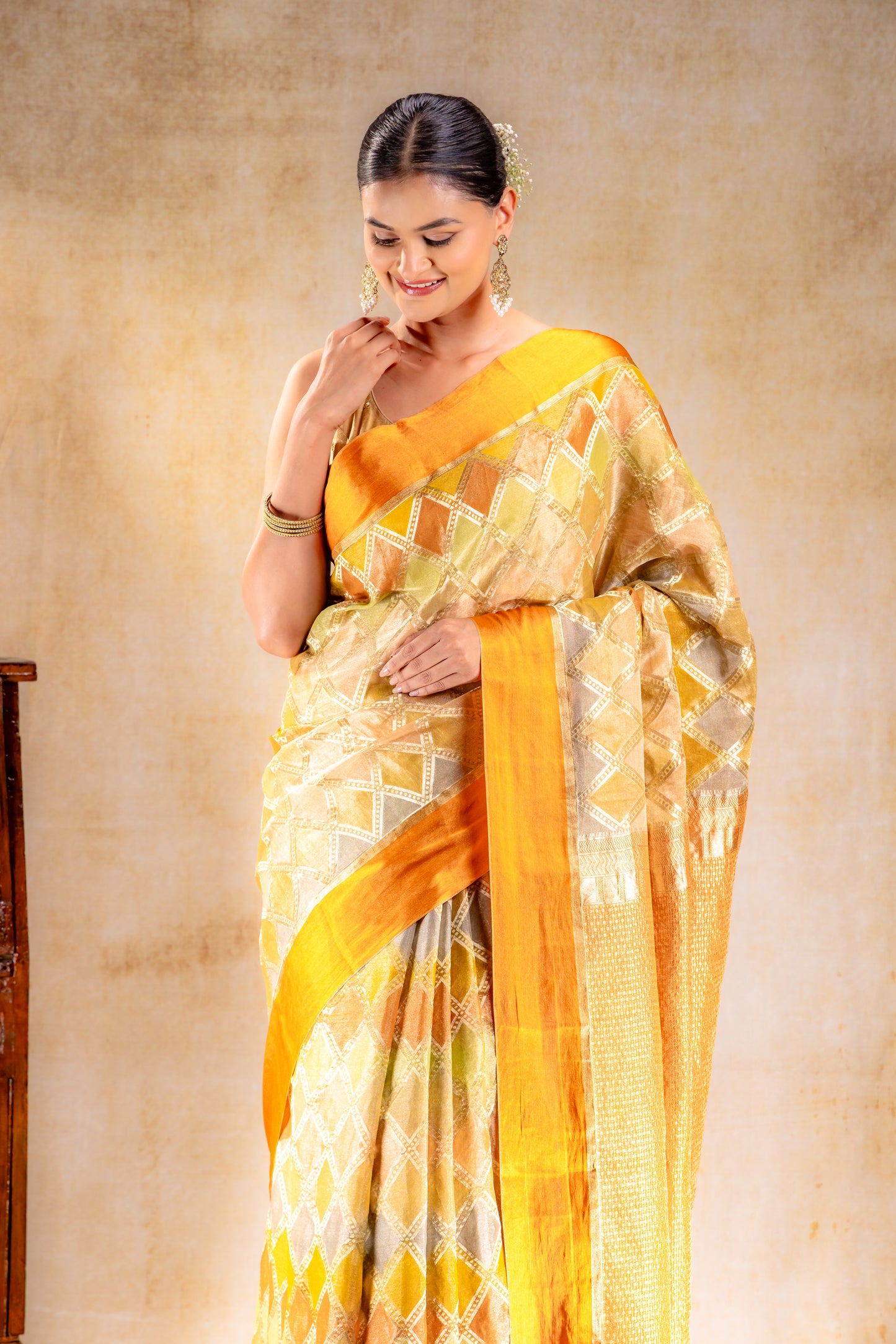 Burnt Mustard Tissue Silk Saree with Diamond Lattice Weave and Tonal Zari Border