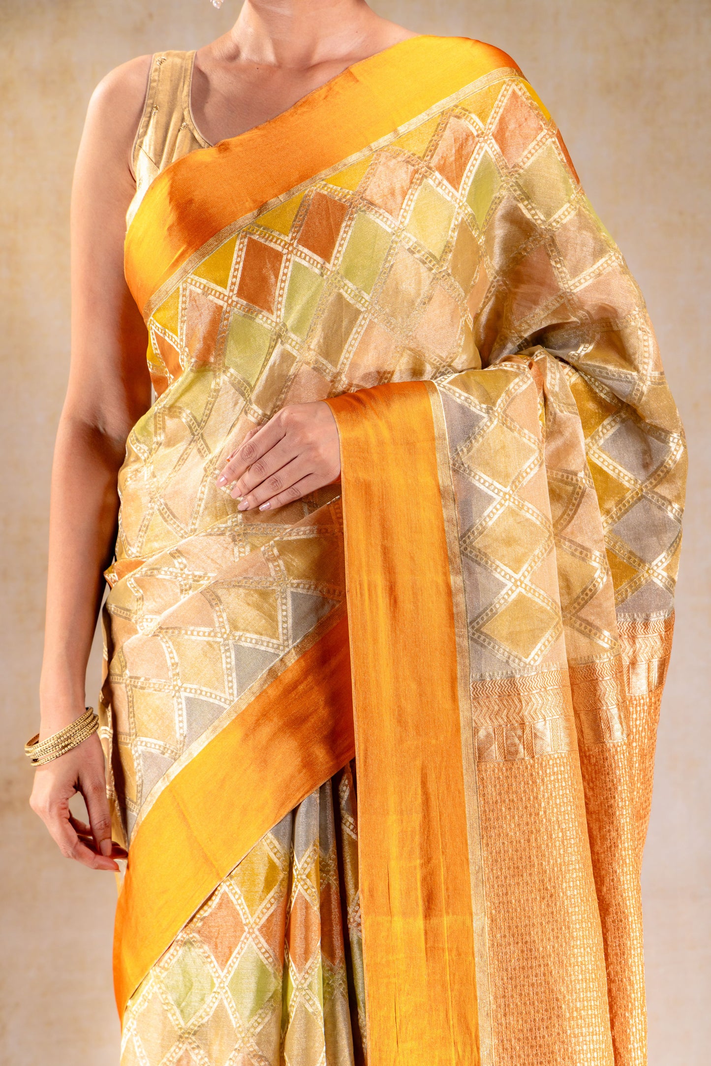 Burnt Mustard Tissue Silk Saree with Diamond Lattice Weave and Tonal Zari Border