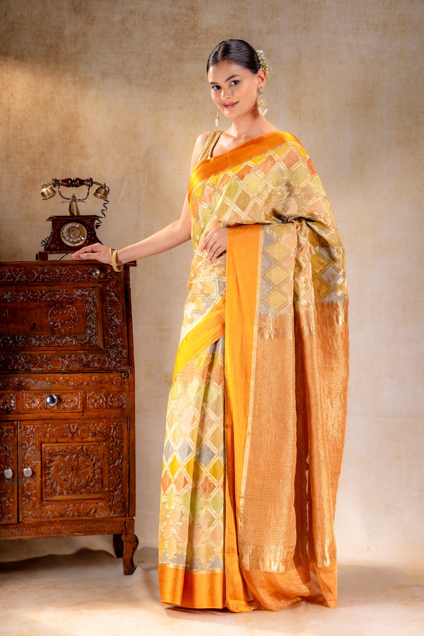 Burnt Mustard Tissue Silk Saree with Diamond Lattice Weave and Tonal Zari Border
