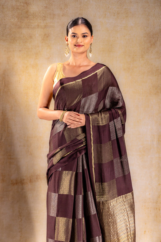Coffee Brown Crepe Silk Saree with Dual Zari Floral Boxes With Satin Border