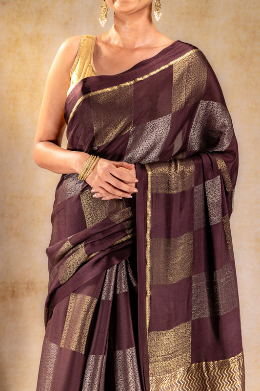 Coffee Brown Crepe Silk Saree with Dual Zari Floral Boxes With Satin Border