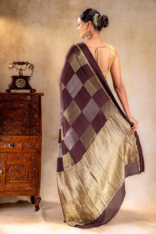 Coffee Brown Crepe Silk Saree with Dual Zari Floral Boxes With Satin Border