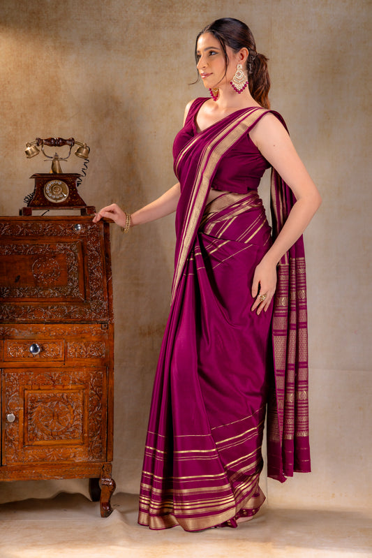 Plum Wine Crepe Saree Gold Zari Rich Border