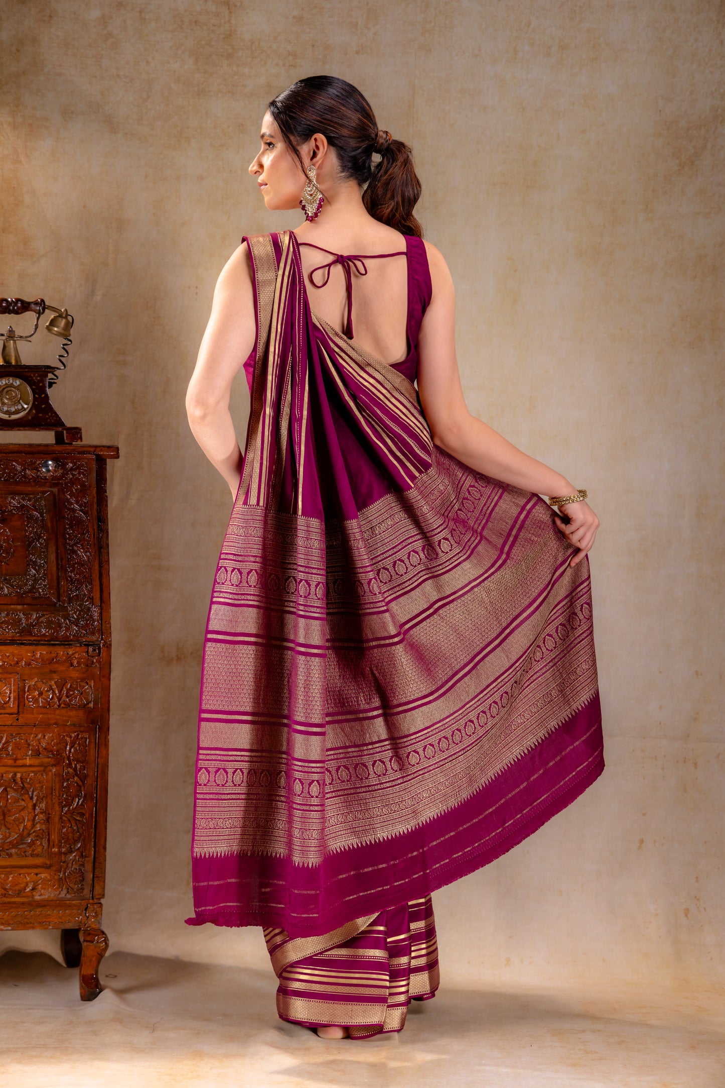 Plum Wine Crepe Saree Gold Zari Rich Border