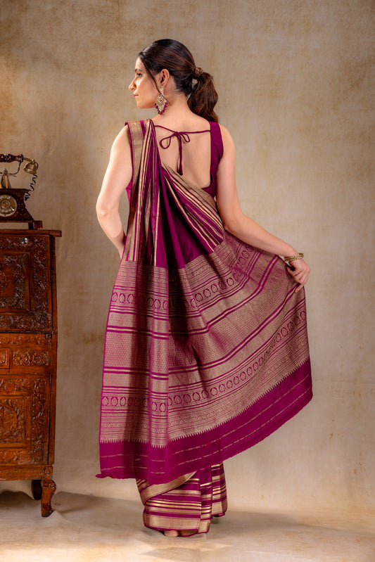 Plum Wine Crepe Saree Gold Zari Rich Border