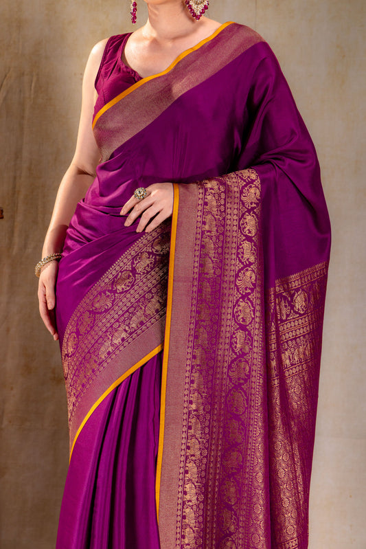 Plum Purple Crepe Silk Saree with Antique Zari Elephant Border