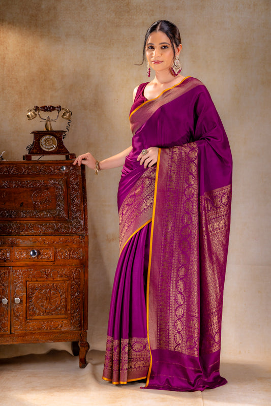 Plum Purple Crepe Silk Saree with Antique Zari Elephant Border