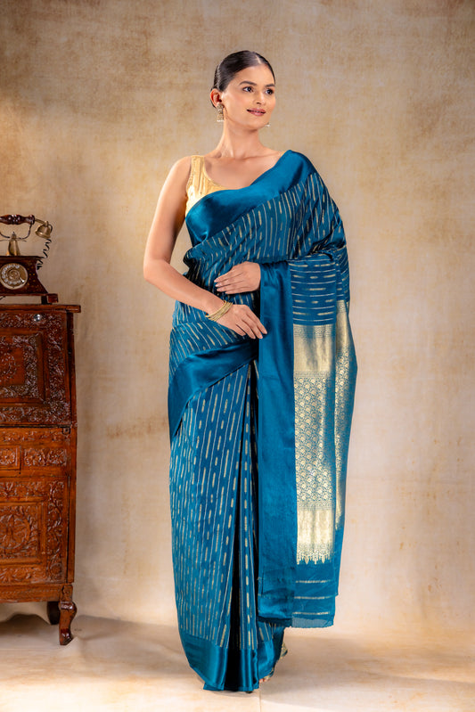 Midnight Teal Crepe Saree with Arrow Zari Work and Satin Border