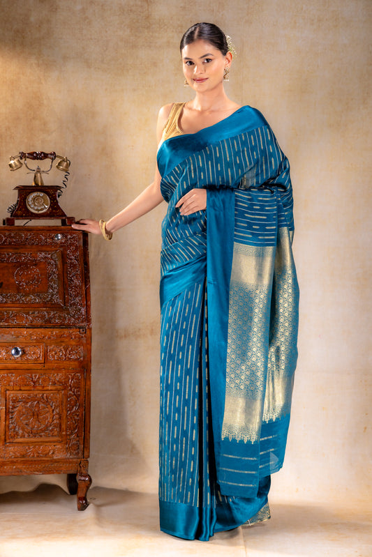 Midnight Teal Crepe Saree with Arrow Zari Work and Satin Border