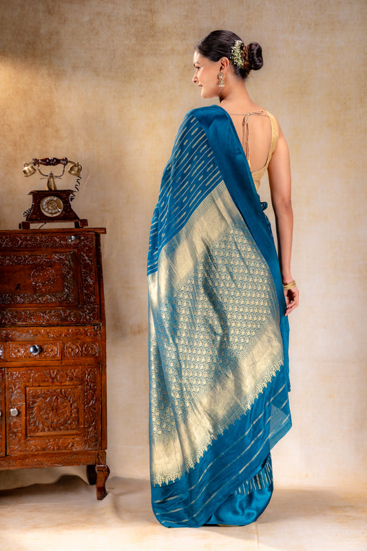 Midnight Teal Crepe Saree with Arrow Zari Work and Satin Border