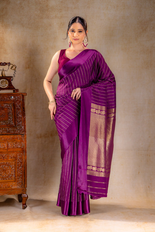 Royal Plum Crepe Saree with Gold and Silver Zari Stripe Detailing