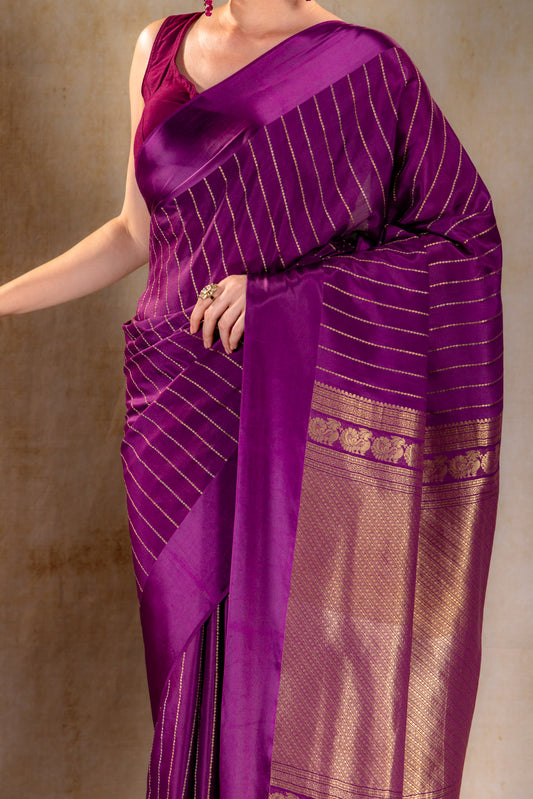 Royal Plum Crepe Saree with Gold and Silver Zari Stripe Detailing