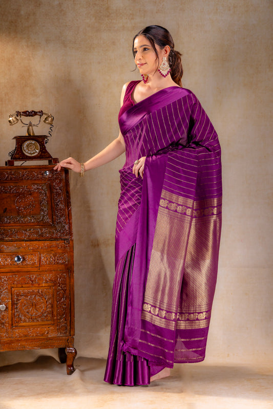 Royal Plum Crepe Saree with Gold and Silver Zari Stripe Detailing