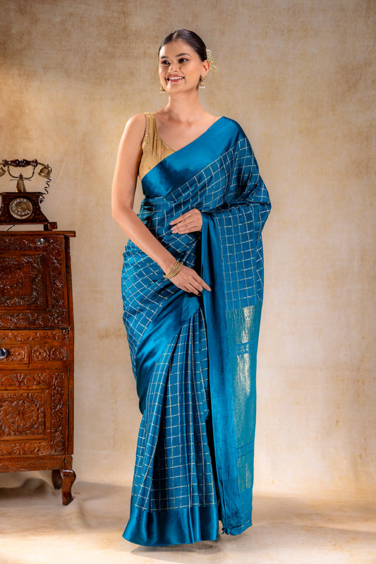 Peacock Teal Crepe Saree with Gold-Silver Check Lines with Satin Border