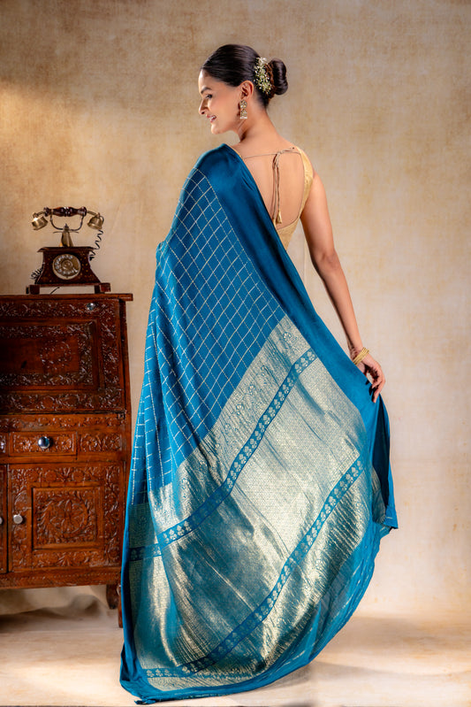 Peacock Teal Crepe Saree with Gold-Silver Check Lines with Satin Border