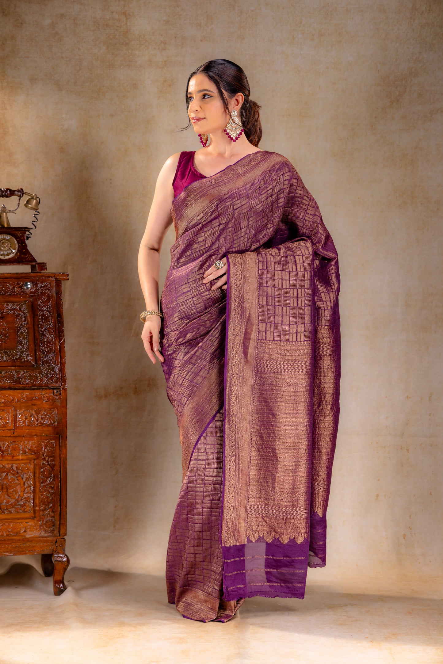 Wine Purple Vat Dyed Banarasi Silk Saree with Zari Checkered Weave
