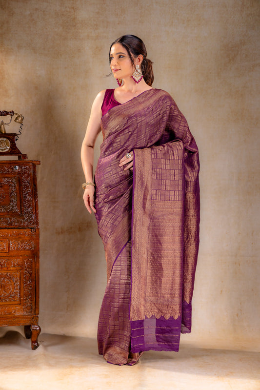 Wine Purple Vat Dyed Banarasi Silk Saree with Zari Checkered Weave