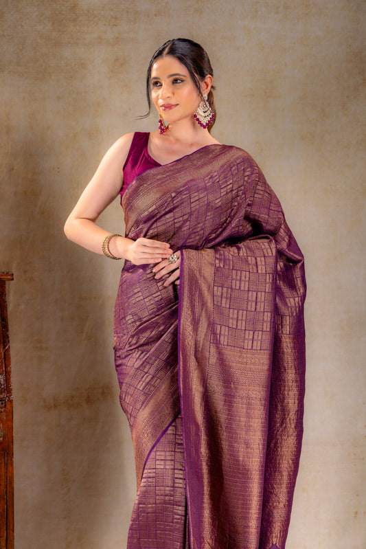 Wine Purple Vat Dyed Banarasi Silk Saree with Zari Checkered Weave