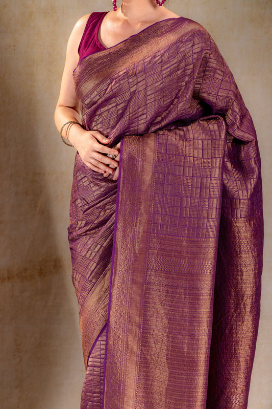 Wine Purple Vat Dyed Banarasi Silk Saree with Zari Checkered Weave
