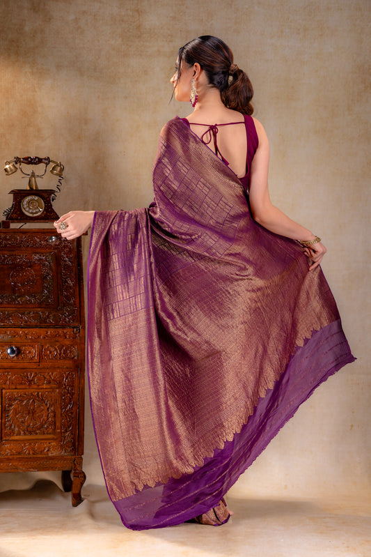 Wine Purple Vat Dyed Banarasi Silk Saree with Zari Checkered Weave
