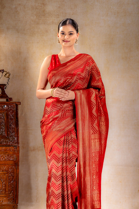 Deep Red Vat Dyed Banarasi Silk Saree with Antique Zari Border