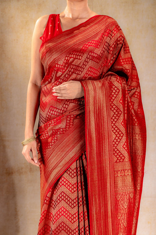 Deep Red Vat Dyed Banarasi Silk Saree with Antique Zari Border