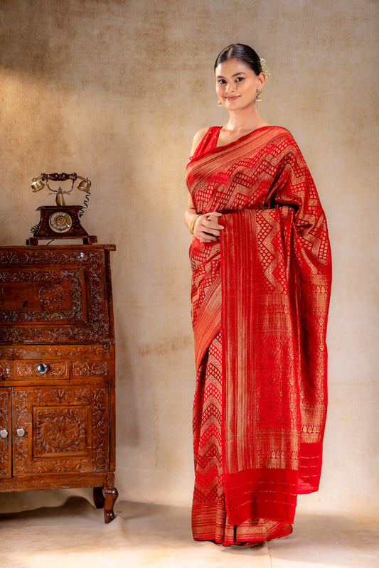 Deep Red Vat Dyed Banarasi Silk Saree with Antique Zari Border