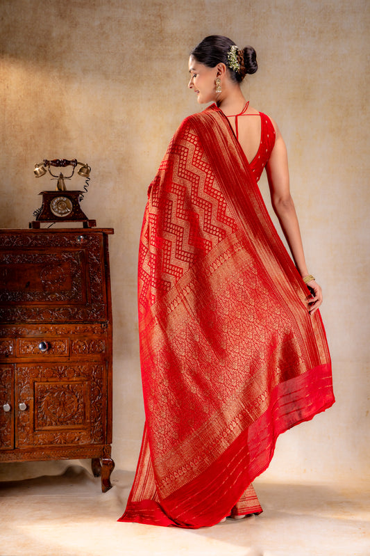 Deep Red Vat Dyed Banarasi Silk Saree with Antique Zari Border