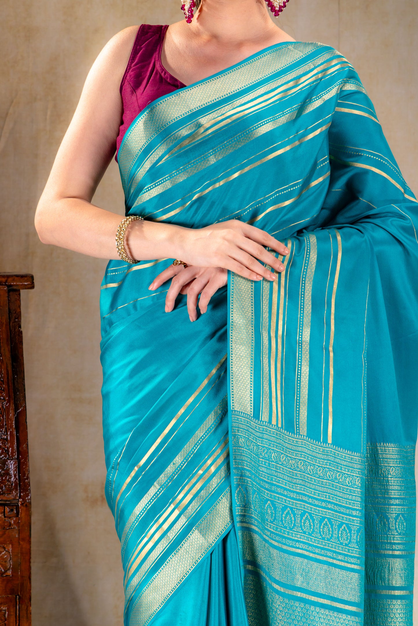 Teal Blue Crepe Saree Gold Zari Rich Border