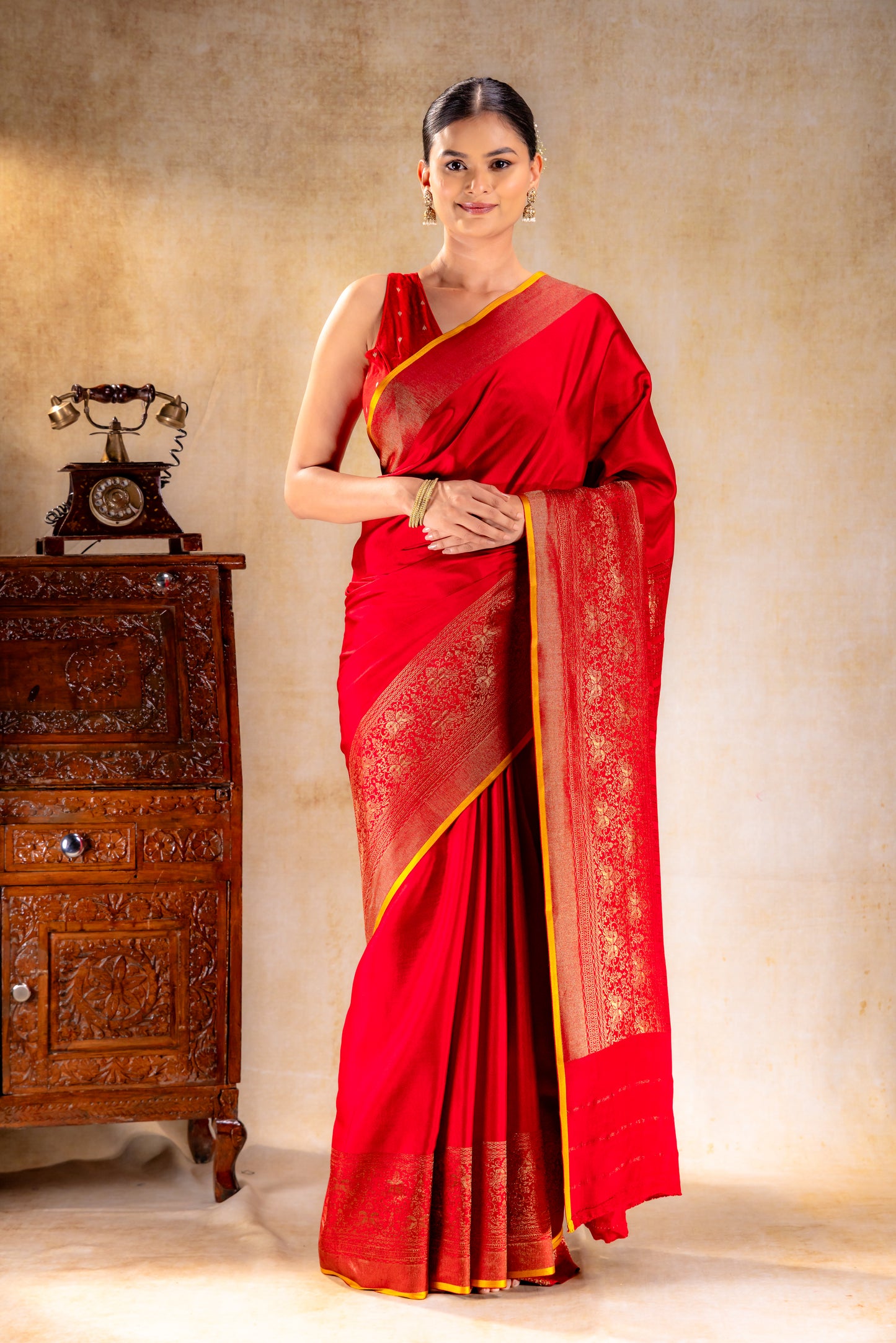 Red Crepe Silk Saree with Antique Zari Doble Peacock Border