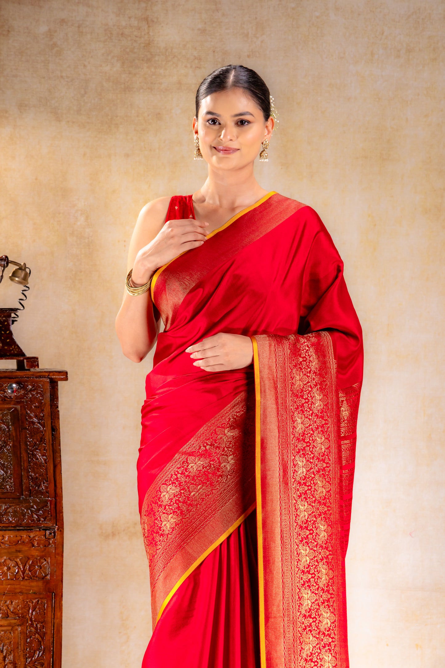 Red Crepe Silk Saree with Antique Zari Doble Peacock Border