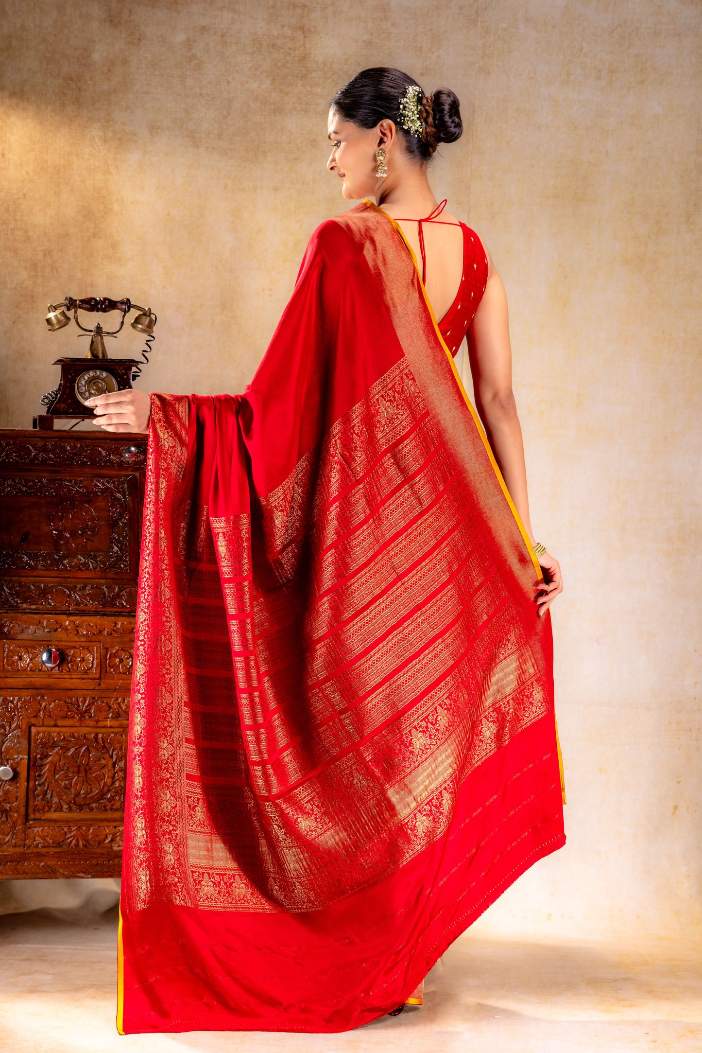 Red Crepe Silk Saree with Antique Zari Doble Peacock Border