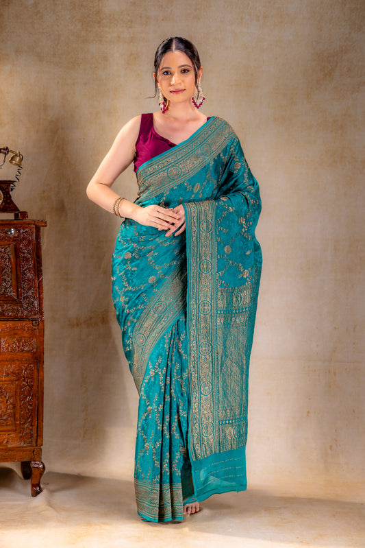 Teal Blue Vat Dyed Silk Saree with Antique Zari
